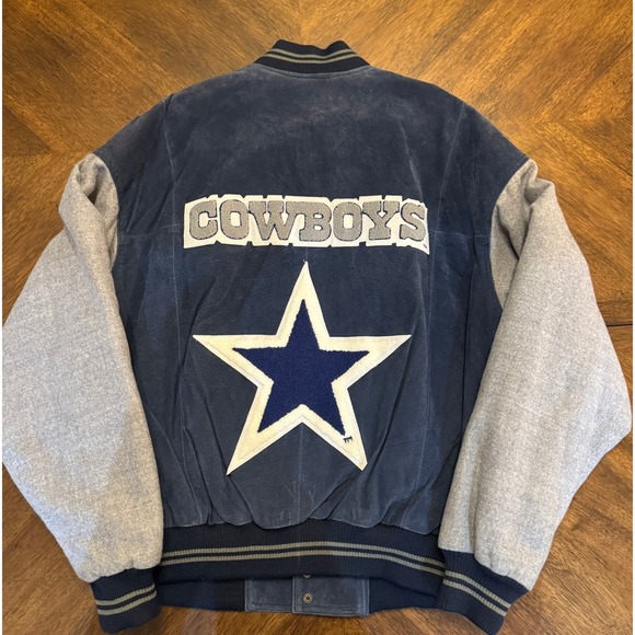 Dallas Cowboys Jacket Mens Varsity Style Full Snap Suede Gray Sleeves |S1 - Picture 2 of 7
